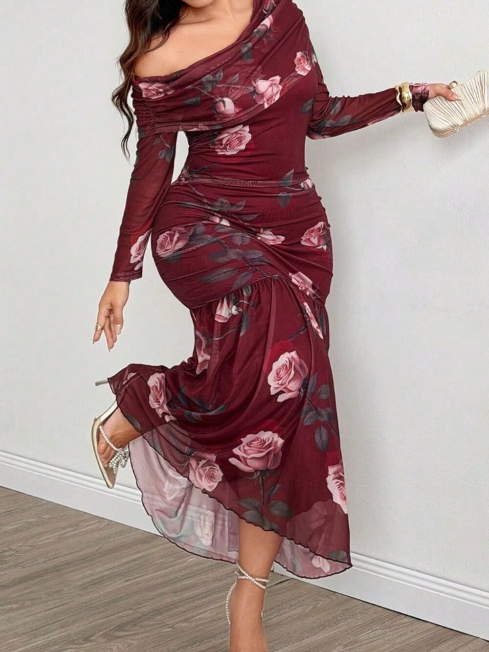 Burgundy Elegant Women's Slim Fit Asymmetrical Long Bodycon Dress - Picture 3 of 6